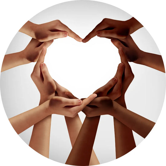 Love us hands of many colours making a love heart shape