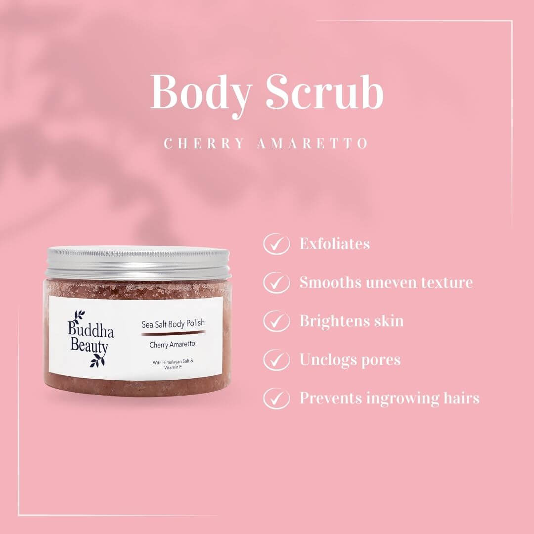 Cherry Amaretto Himalayan & Sea Salt Body Scrub - Buddha Beauty Skincare Body scrub #vegan# #cruelty-free# #skincare#