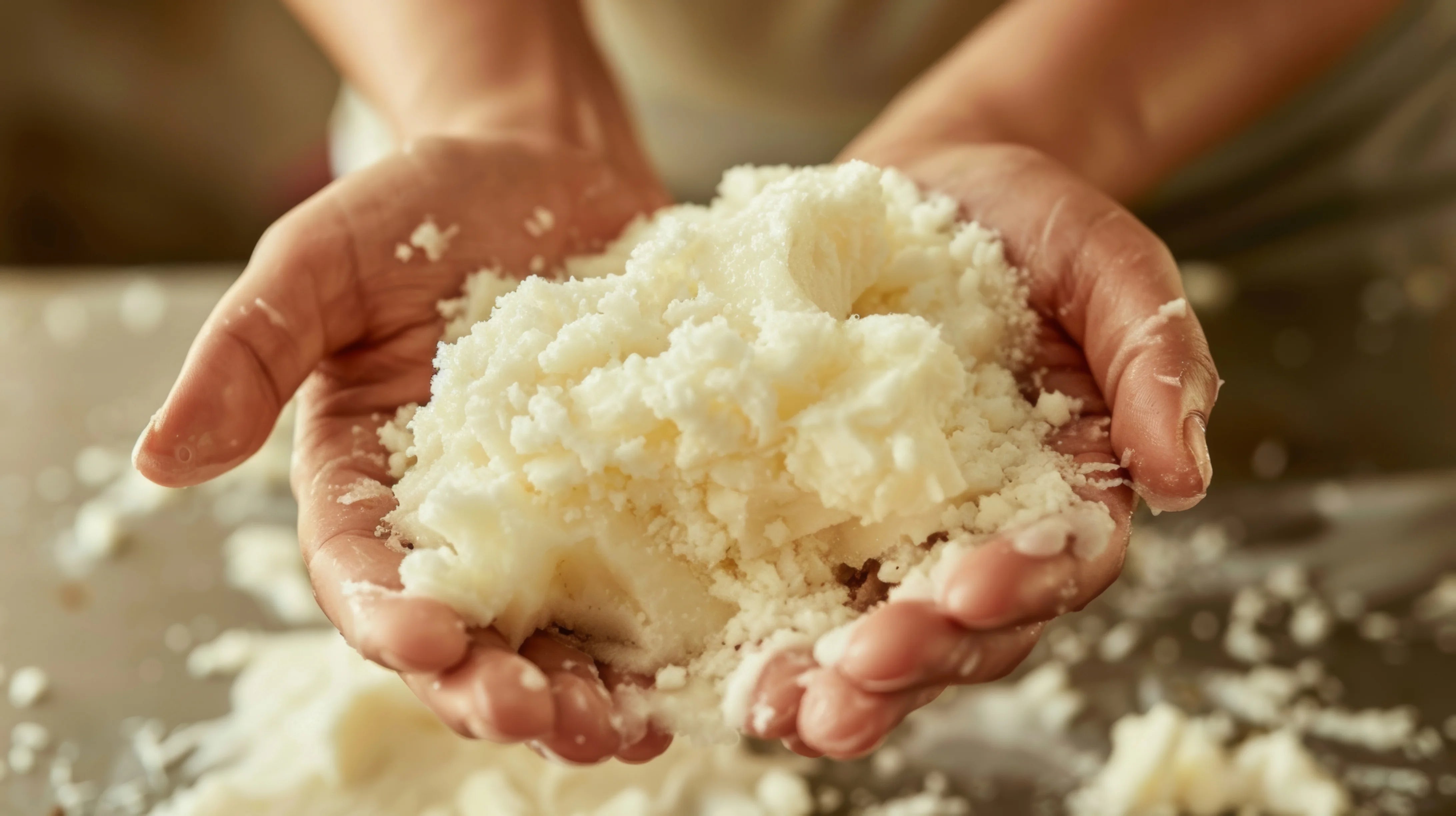 Hands holding a clump of white cheese or similar substance on a blurred background