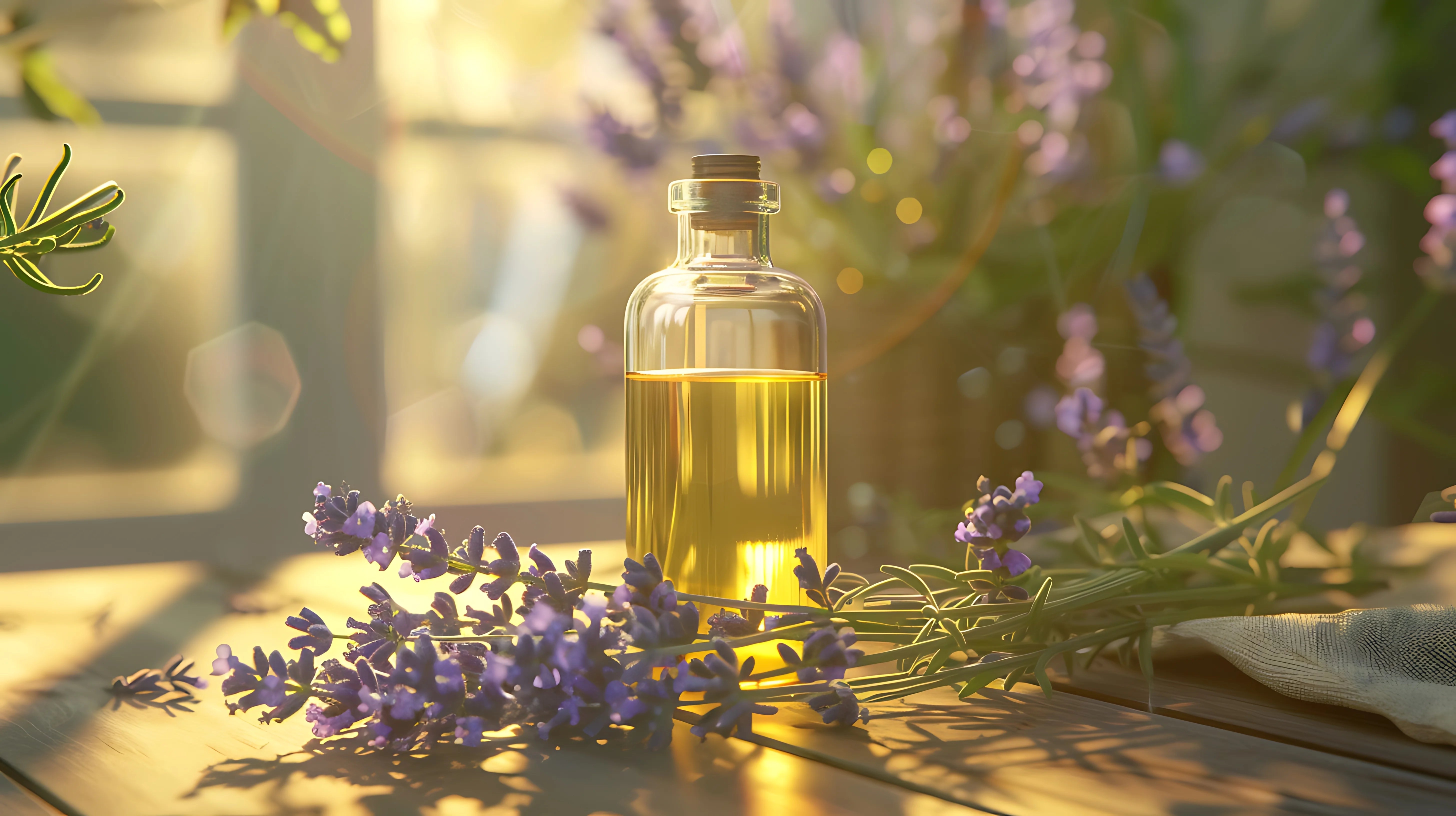 Glass bottle of oil with lavender flowers on a wooden surface