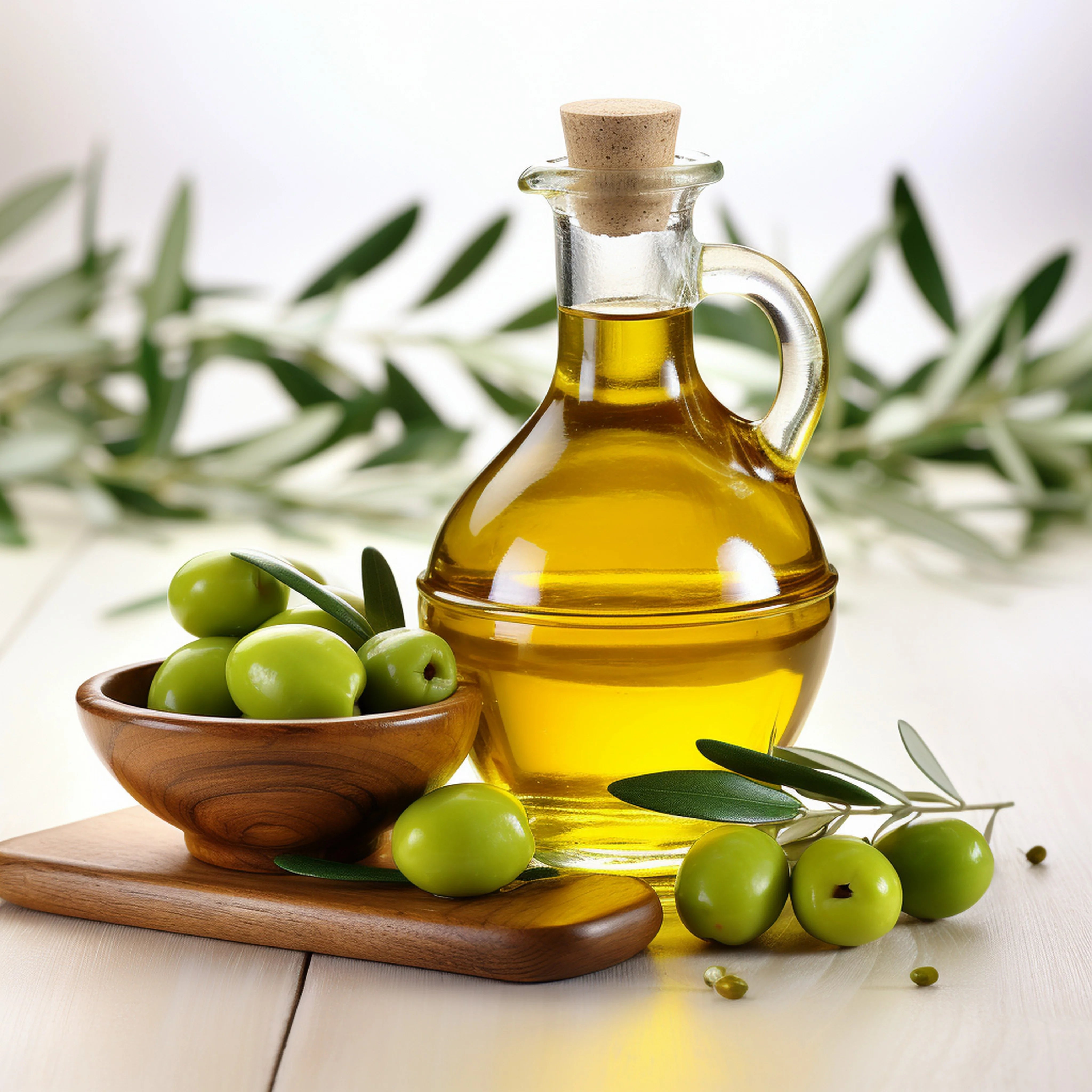 Olive oil bottle with a cork, bowl of green olives, and olive branches on a light background
