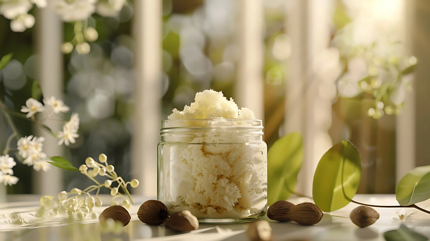 Hands holding a clump of white shea butter on a blurred background
