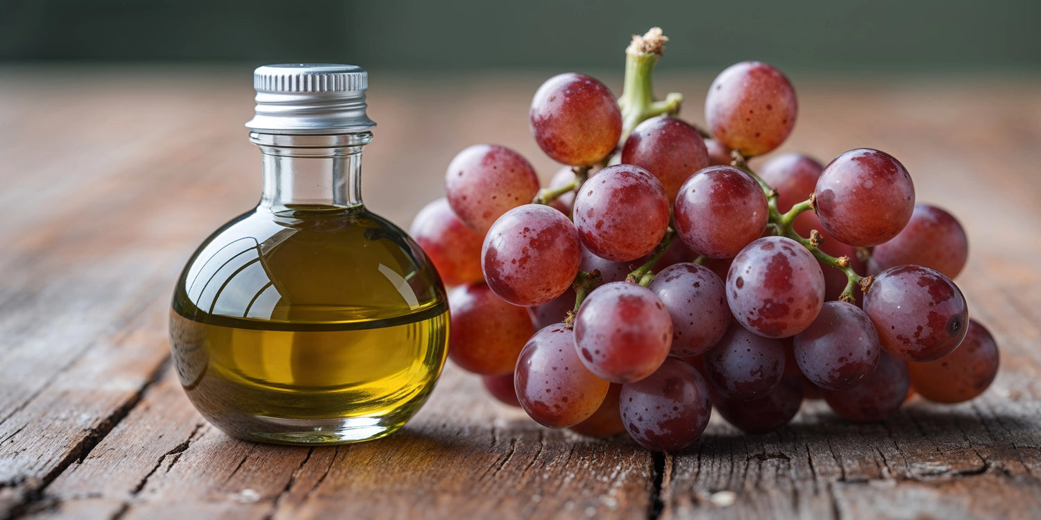 Bottle of grapeseed oil next to a bunch of red grapes on a wooden surface
