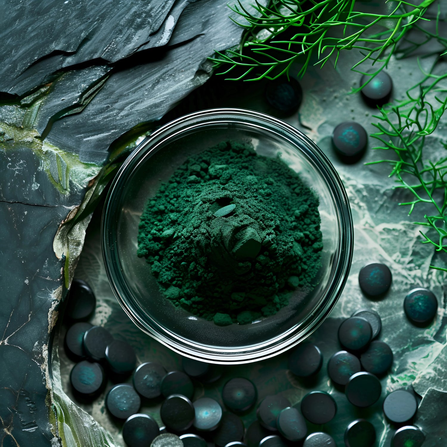 spirulina powder in a glass bowl 