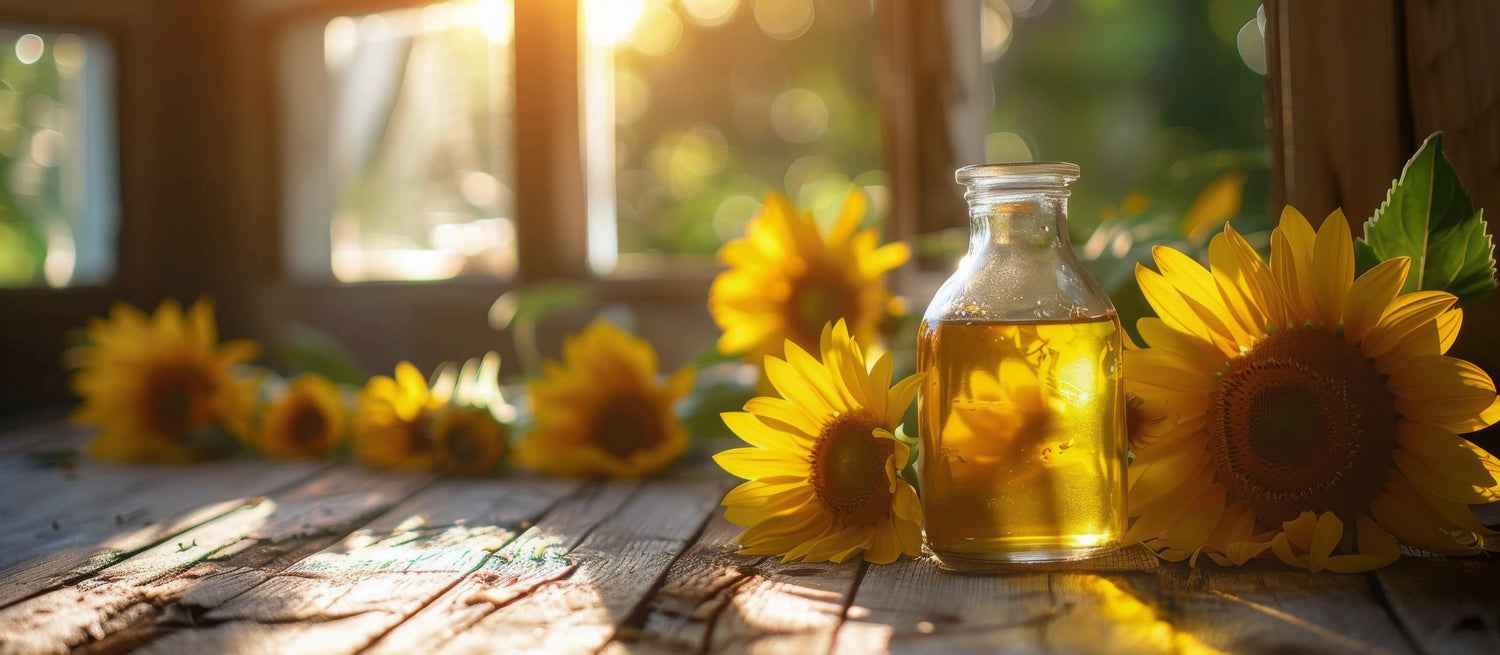 Glass bottle of sunflower seed oil with sunflowers on a wooden surface, sunlit background