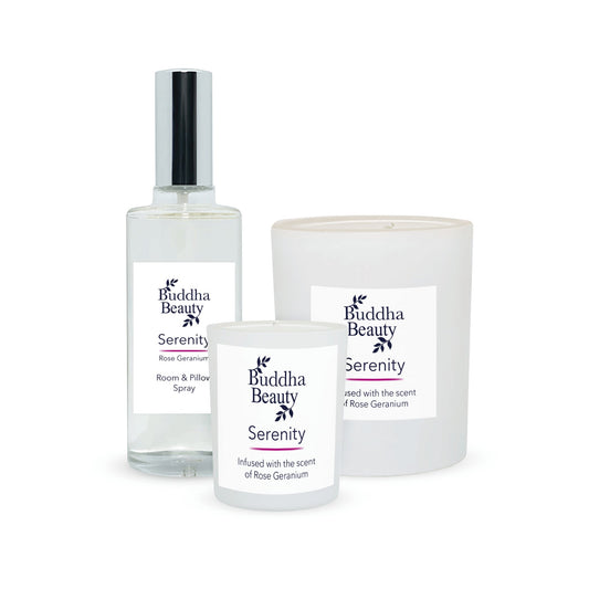 Serenity Rose Geranium Room Fragrance Collection - Buddha Beauty Skincare Room Candle #vegan# #cruelty-free# #skincare#